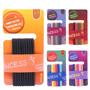 Set of ten high elasticity spiral hair ties displayed on colorful cardboard cards