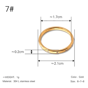 Size chart for gold stainless steel water drop ring with zircon and product dimensions