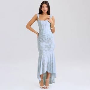 Hellblaues Blumenkleid mit Korsett-Design, Meerjungfrau-Schnitt und Spitzen-Textur