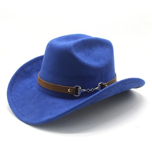 Detail of royal blue fedora hat featuring a brown leather band and metal horsebit buckle