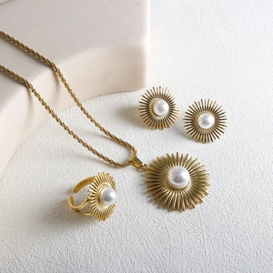Sunflower Artificial Pearl Jewelry Stainless Steel 18K Gold Plated Necklace Earrings Opening Ring For Women Minimalist Vintage Style