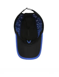 Detail of the breathable blue mesh interior and adjustable buckle on the black baseball cap
