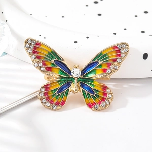 Exquisite gold alloy butterfly brooch with colorful enamel wings and sparkling rhinestones