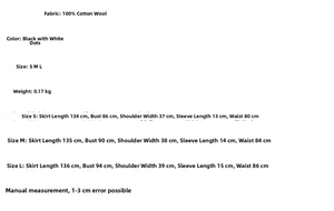 Detailed size chart for black polka dot lace dress showing cotton fabric and S-L dimensions