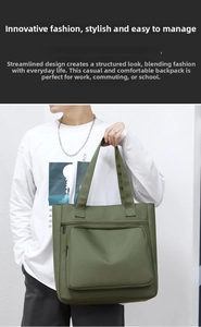 Detailed view of army green nylon tote bag featuring a large front zipper pocket