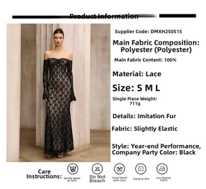 Detail of elegant black lace off-shoulder dress with refined faux fur trim at the neckline