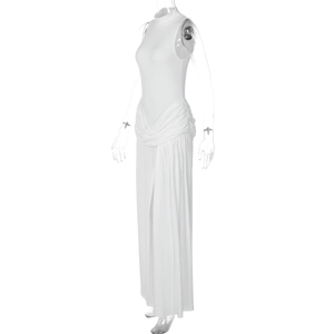 Detail of white sleeveless high neck maxi dress with elegant waist draping and pleats
