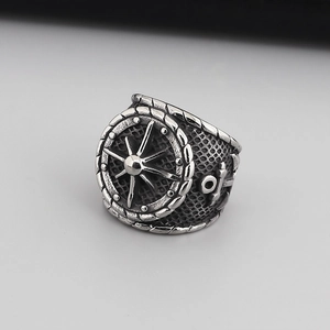 Men's vintage titanium steel nautical ring featuring ship wheel and anchor details
