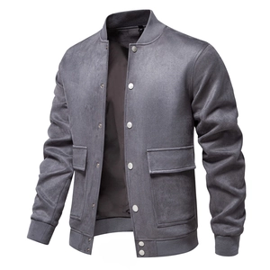 Veste Bombardier Homme En Suède Synthétique Col Montant Décontractée Style Baseball Avec Poches À Rabat Bouton Pression
