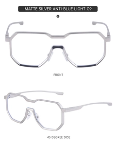 Front and 45-degree angle views of matte silver polygon frame glasses with anti-blue lenses
