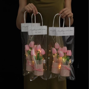 Handmade PU tulip bouquet in transparent gift bags with warm LED lights