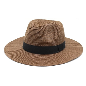 Classic coffee brown fedora straw hat with black grosgrain ribbon for sun protection