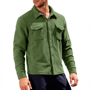 Men's heavyweight polar fleece shacket in olive green with double chest pockets