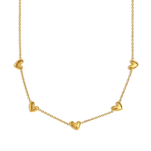 Elegant 18K gold plated stainless steel O-chain necklace featuring five polished heart charms