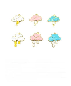 Detail of weather themed alloy cloud and lightning charms with colorful enamel finish