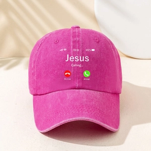 Magenta gewaschene Baumwoll-Basecap mit Jesus-Calling-Druck und Telefon-Icons