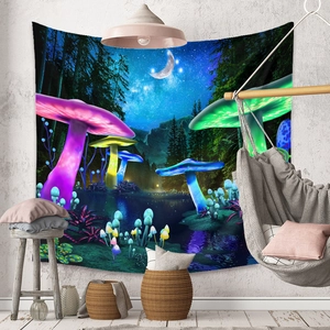 Detail of magical forest mushroom tapestry hanging in a bohemian style room scene