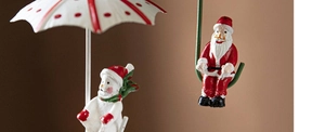 Detailed view of hand-painted Christmas parachute ornaments featuring Snowman and Santa Claus