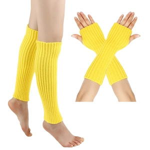 Detail of yellow knitted leg warmers and fingerless gloves set with clear ribbed texture