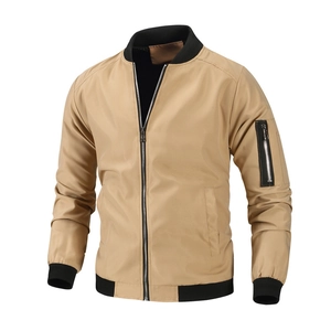 Men Bomber Jacket Windproof Polyester Flight Coat Casual Tactical Outerwear Ribbed Trim Multi Pockets Zipper Fashion
