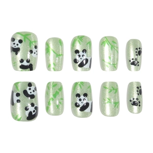 30pcs short cat-eye press-on nails with cute panda and green bamboo motifs for women