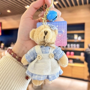 Cute plush bear keychain with blue plaid dress, white apron and golden ring buckle