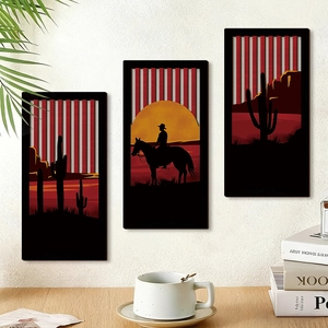 Rustic American Western cowboy cactus wood wall art set with sunset silhouettes