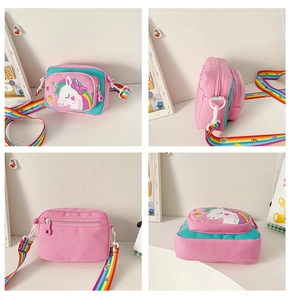 Detailed four-way view of pink and green cartoon unicorn canvas crossbody bag for kids