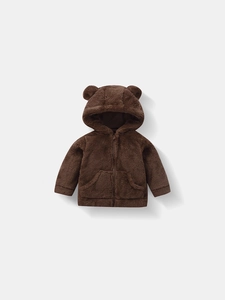 Brown hooded fleece jacket for toddlers featuring cute 3D bear ears on the hood
