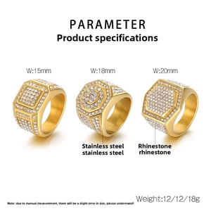 Detailed parameter chart of luxury hip hop rings showing sizes 15mm 18mm and 20mm