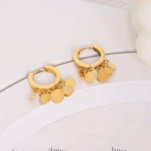 Minimalist 18K gold-plated stainless steel hoop earrings with hanging round disc charms