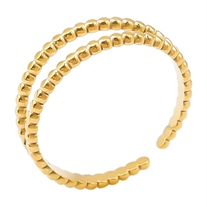 Minimalist double-layered gold stainless steel open ring with beaded design and glossy finish