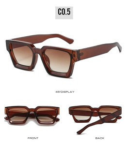 Detail views of brown square sunglasses with thick frames and gradient lenses from various angles