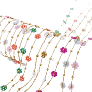 Bohemian colorful floral beaded necklace and bracelet set with gold chain jewelry