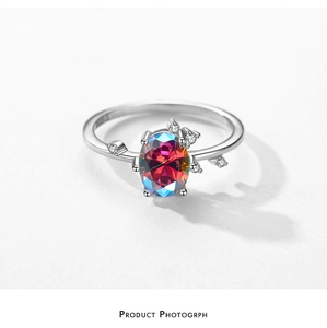 Macro view of S925 silver ring featuring a colorful oval gemstone and zircon accents