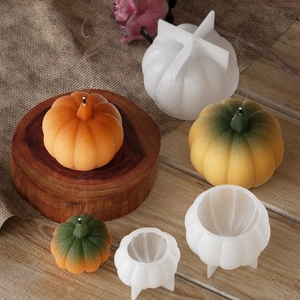 Set of 3D pumpkin silicone molds for DIY Halloween candles in various sizes with finished samples