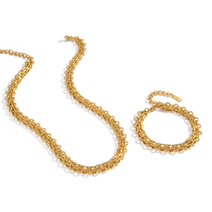 Gold double-layer butterfly chain necklace and bracelet set in stainless steel for women