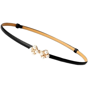 Slim black leather belt for women featuring a luxury gold pearl buckle on a white background