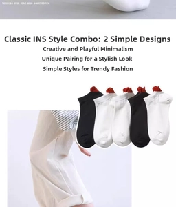 Detail of five-pair low-cut cotton socks set with red wavy heart trim on the heels