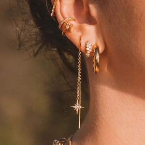 French vintage 18K gold plated earrings set with stars, moon and sparkling zircons