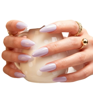 Glossy light purple long almond-shaped press-on nails shown on hands with gold rings