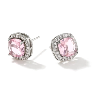 Pink cushion-cut halo stud earrings with micro-paved cubic zirconia in 925 silver