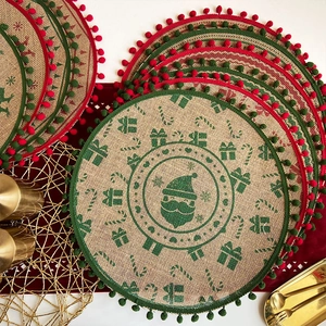 Round Jute Burlap Christmas Placemats With Pom Pom Trim Reindeer Snowflake Printed Vintage Heat Resistant Woven Table Mats