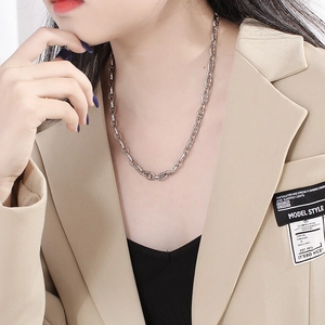 Detail of silver stainless steel pig nose chain necklace worn by a model on neck