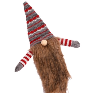 Christmas gnome wine bottle cover with red striped knitted hat and long brown faux fur beard