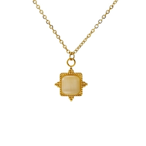 Collier vintage français en acier inoxydable plaqué or 18K avec pierre naturelle carrée