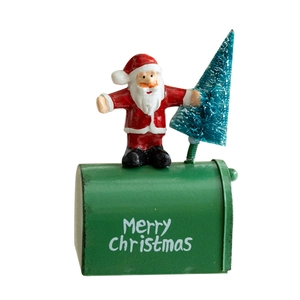 Christmas iron mailbox ornament with Santa Claus figurine and Merry Christmas text