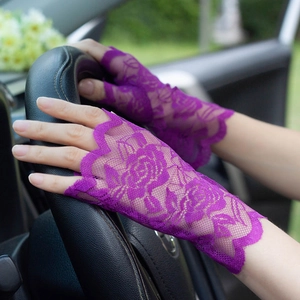 Elegant purple lace fingerless gloves for women, rose pattern sun protection for driving