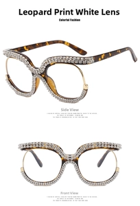 Detail of leopard print acetate frame with sparkling rhinestones and gold metal accents