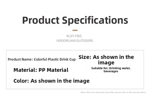 Detailed product specifications for PP plastic colorful cups with size and material info